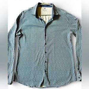 DESOTO Men’s Jersey Designer Dress Shirt | Size Large | Blue Green Geometric |